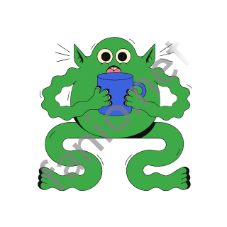 A green monster with pointed ears and two eyes holding a blue mug with both hands.