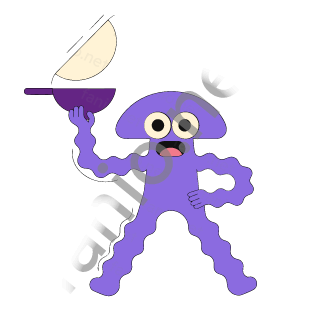 A purple mushroom-headed monster flipping a pale pancake into the air from a dark purple frying pan.