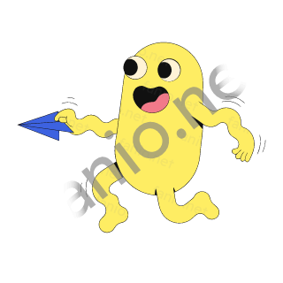 A yellow egg-shaped monster with an open smile letting go of a blue paper plane.