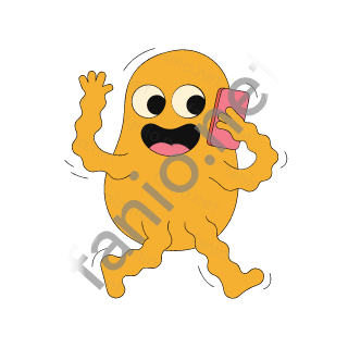 A yellow lumpy monster laughing with an open mouth, holding a pink phone to its head and waving.