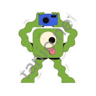 A square olive green one-eyed monster holding a blue camera up above its head, tongue out.