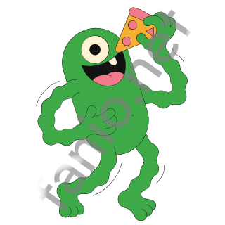A green one-eyed monster with a wide open mouth lifting a slice of pizza to eat it.