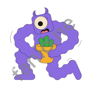 A purple monster with a square head and small horns lowering a green cactus into a yellow flowerpot.