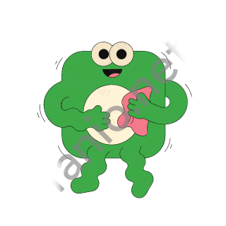 A green rounded square monster with two eyes wiping a pale plate with a pink cloth.