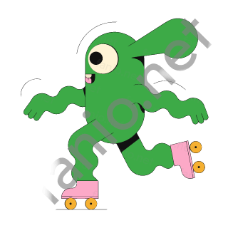 A green one-eyed monster with a long floppy ear roller skating in pink skates with yellow wheels.
