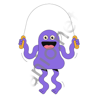 A purple monster with a wide grin jumping with a thin black skipping rope arched over its head.