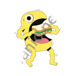 A yellow one-eyed monster opening a huge mouth to bite a thick sandwich with green and pink layers.