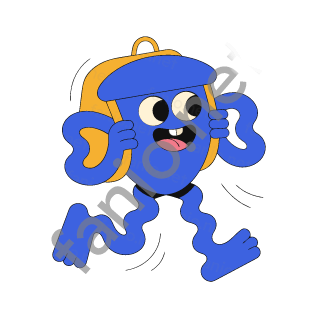 A blue monster with a big grin walking fast while wearing a yellow backpack.
