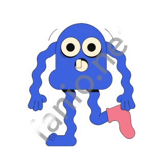 A blue monster with two big eyes and one tooth standing on one leg and pulling a pink sock onto its raised foot.