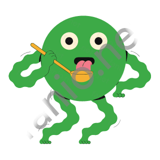 A round green monster with two big eyes tasting soup from a yellow ladle with its pink tongue out.