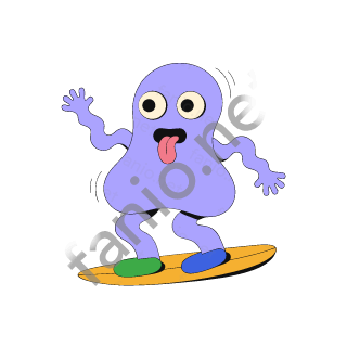 A pale purple monster with eyes on short stalks and its tongue out, standing on a yellow surfboard with arms spread wide.