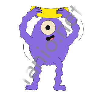 A fuzzy purple one-eyed monster rubbing a yellow towel over the top of its head.