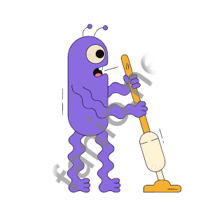A tall purple one-eyed monster with two antennae holding the long handle of an upright vacuum cleaner.