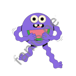 A round purple monster with two buck teeth holding a wedge of watermelon with a pink inside and green rind.