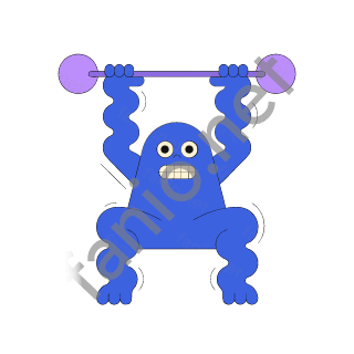 A blue square-ish monster with gritted teeth lifting a purple barbell over its head in a deep squat.