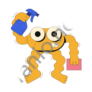 A yellow monster with two big eyes squeezing a blue spray bottle and holding a pink cloth.