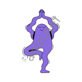 A purple monster with closed eyes standing on one leg in a yoga tree pose, palms together above its head.
