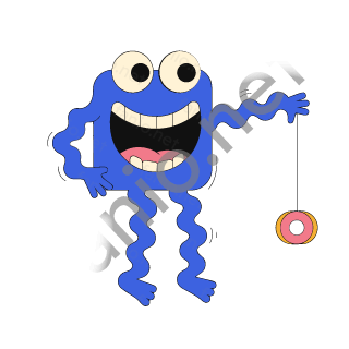 A blue square monster with a wide grin, one hand on its hip, dangling a pink yo-yo from the other hand.