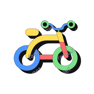 A neo-brutalist bicycle seen from the side, with a blue wheel and a green wheel, a yellow frame and a green handlebar.