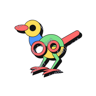 A neo-brutalist bird standing on thin green legs with red feet, with a yellow head and big black eye, a red beak, a blue neck, a round green and yellow body marked with two red rings, and a straight red tail, with a black offset shadow.