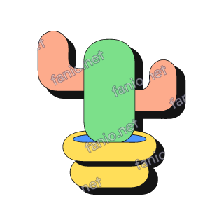 A neo-brutalist cactus with a green stem and two salmon arms in a stacked yellow pot, with a black offset shadow.
