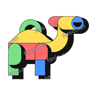 A neo-brutalist camel assembled from rounded blocks: a yellow hump and long yellow neck, a red body, green and blue legs, a cylinder head with a blue face showing a black half-circle smile, and a green loop on its back, with a black offset shadow.