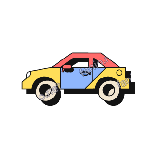 A neo-brutalist small car in profile, yellow with a light blue door and a red roof, on two round wheels.
