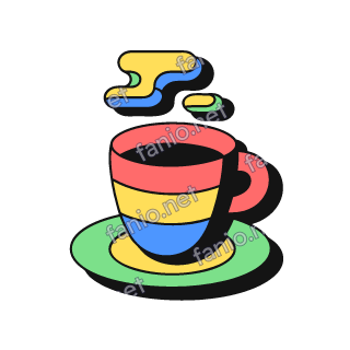 A neo-brutalist cup striped red, yellow and blue, full of black coffee, with a red handle, sitting on a green and yellow saucer under two blocky yellow, blue and green steam wisps, with a black offset shadow.