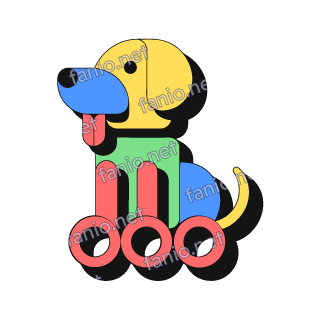 A neo-brutalist sitting dog with a yellow floppy-eared head, a blue snout, a red tongue, a green chest and blue haunch, standing on three red ring-shaped paws, with a curled yellow tail and a black offset shadow.