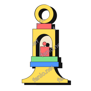 A neo-brutalist lantern with a yellow ring on top, a red cap, a yellow body with an arched cream window holding a small red flame shape, green and blue bands and a wide flared yellow base, with a black offset shadow.