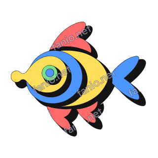A neo-brutalist fish facing left, with a yellow body ringed by blue and black bands, a green and blue eye, a small yellow round mouth, red fins and a blue forked tail, with a black offset shadow.