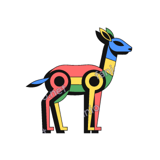 A neo-brutalist gazelle standing in profile, its slim body striped red, yellow and green, with a blue head and small curved horns.