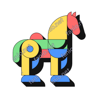 A neo-brutalist horse in profile, built from blocky yellow, green, red and blue shapes with a thick black outline and a hard black offset shadow.