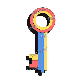 A neo-brutalist key standing upright, with a red and yellow ring bow, a shaft of blue and yellow stripes and a stepped yellow and red bit, with a black offset shadow.