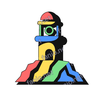 A neo-brutalist lighthouse with a red top and a blue and yellow tower, standing on a rock of red, yellow, green and blue bands.