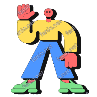 A neo-brutalist man with a small smiling red head, a long yellow sweater, wide blue trousers and green shoes, raising one big red hand to wave while the other hangs at his side, with a black offset shadow.