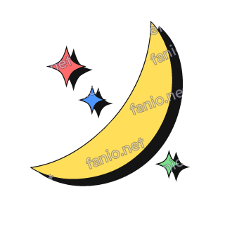 A neo-brutalist yellow crescent moon with three four-pointed sparkle stars in red, blue and green beside it, each with a black offset shadow.