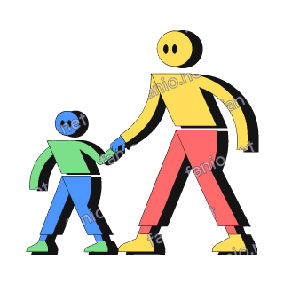 A neo-brutalist pair walking hand in hand: a tall figure with a yellow head and top and red trousers leads a small child with a blue head, green top and blue trousers, both in flat blocks with black offset shadows.