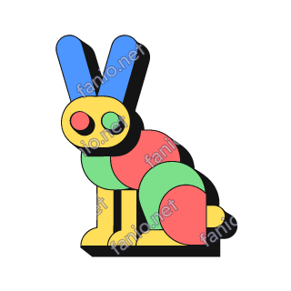 A neo-brutalist rabbit sitting upright with tall blue ears, a yellow head with green eyes and a red body, with a black offset shadow.
