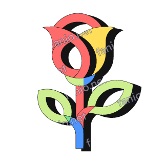 A neo-brutalist rose with a red and yellow bloom, two pale green leaves and a blue stem, outlined in black with a hard shadow.