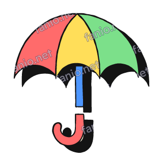 A neo-brutalist open umbrella with a red, yellow and green canopy in hand-drawn black outlines, a blue shaft and a separate red hooked handle, with a black offset shadow.