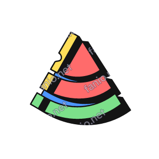 A neo-brutalist watermelon wedge split into stacked layers, with red flesh, a green rind band, thin blue strips and a notched yellow edge, all cut out over a heavy black offset shadow.
