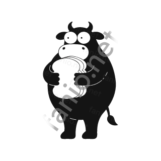 A black bull with small horns standing and hugging a sliced white bread loaf against its belly.