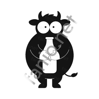 A round black cow standing and hugging a large white milk bottle in both hands, with a curled tail and wide eyes.
