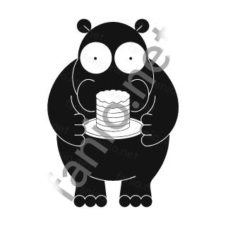 A black hippo standing and holding a small layered cake on a plate.