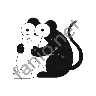 A black mouse with a long curling tail hugging a big white wedge of holey cheese.