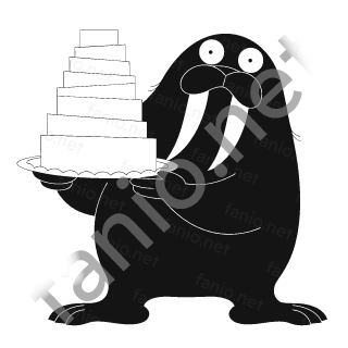 A black walrus with white tusks holding a tall white tiered cake on a scalloped plate.