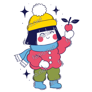 Nuri reaches up with one mitten to pick a red apple from a low branch.