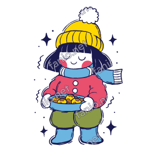 Nuri holds a tray of fresh cookies in both mittens.
