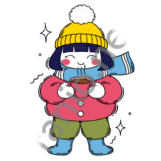 Nuri holds a steaming mug of hot cocoa in both white mittens.